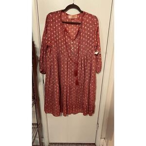Scandal Italy Ordell Boho Tiered Pink Gold Long Sleeve Dress SZ S